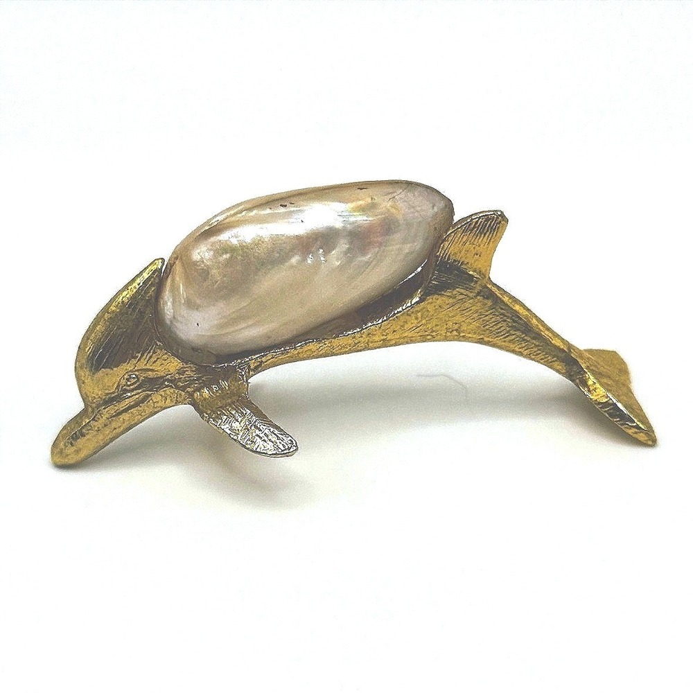 Vintage Dolphin Figurine Gold‎ Tone Real Shell Coastal Beach Nautical Decor